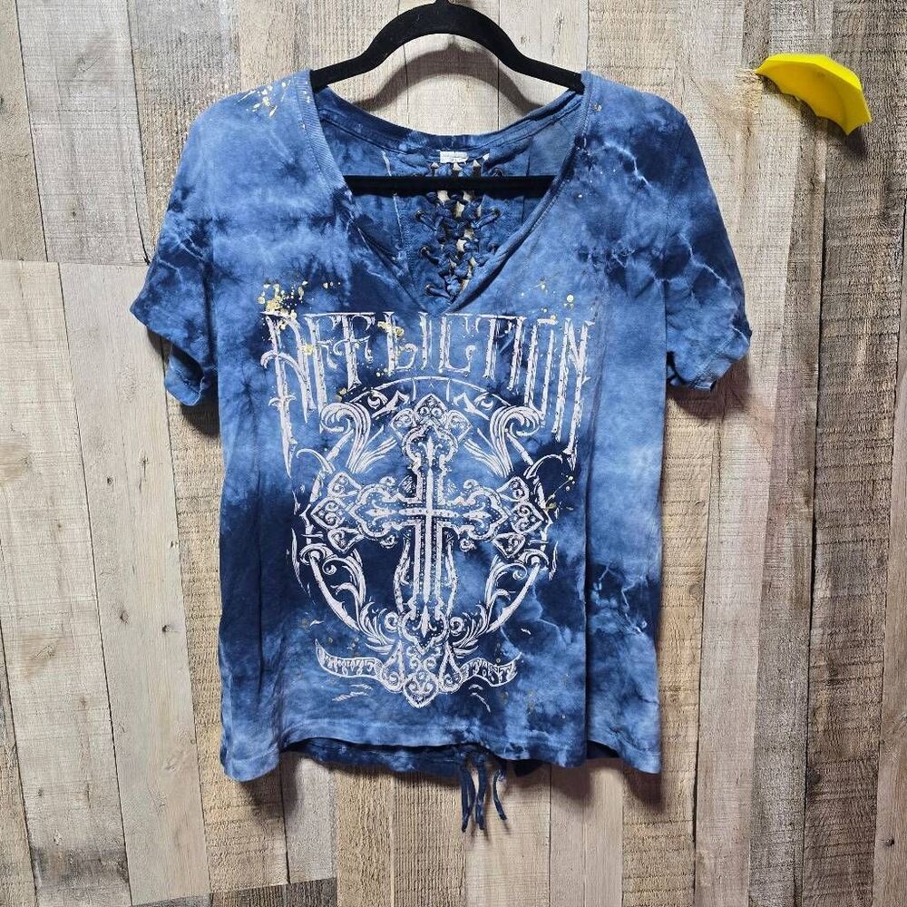 Affliction Madrigal Blue Tie Dye Cross Embellished McBling Tee XL Moto Alt Biker